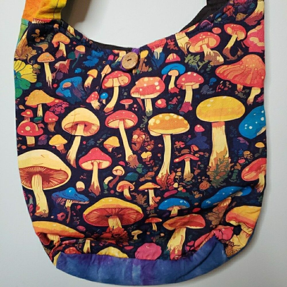 Mushroom Crossbody Hobo Bag Tie Dye Fabric Woodland Fairy Purse Handmade Nepal - Picture 4 of 16